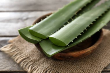 Taze aloe vera ile plaka üzerinde ahşap masa bırakır