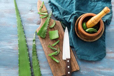 Bıçak ve harç ile taze aloe vera yapraklarda renk ahşap masa