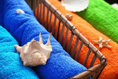 Seashell hasır sepet, portre renkli havlu üzerinde