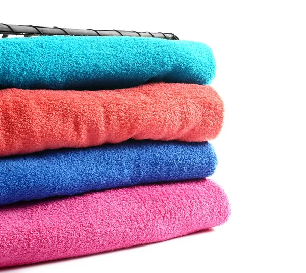 Stack of bright terry towels on white background — Stock Photo, Image