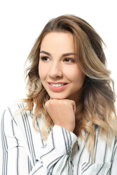 Retrato de una hermosa joven sobre fondo blanco — Foto de Stock