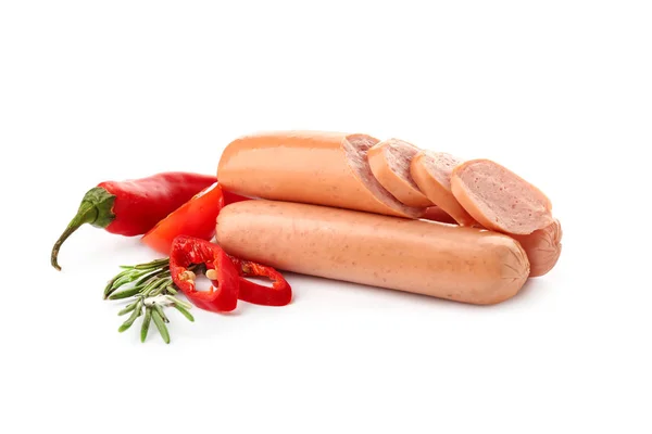 Delicious sausages with chili and rosemary on white background — Stock Photo, Image
