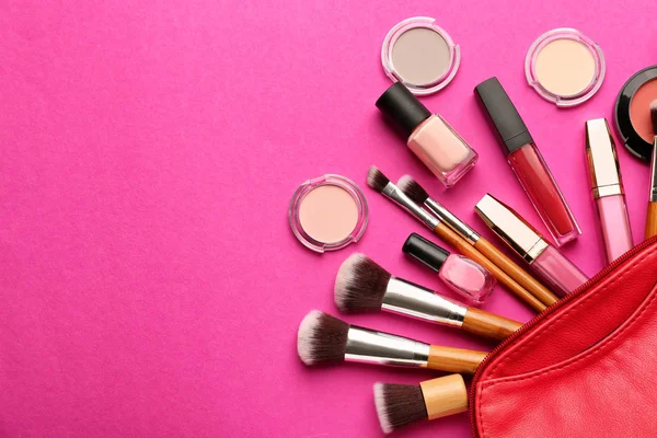 Set of cosmetics and accessories on color background — Stock Photo, Image