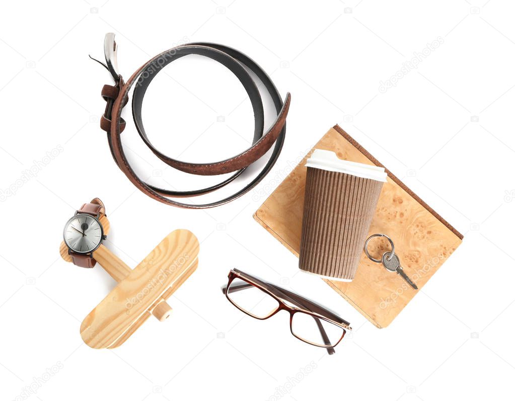 Male accessories on white background