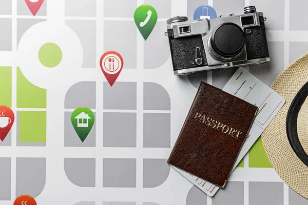 Photo camera, passport and tickets on city map. Travel concept — Stock Photo, Image