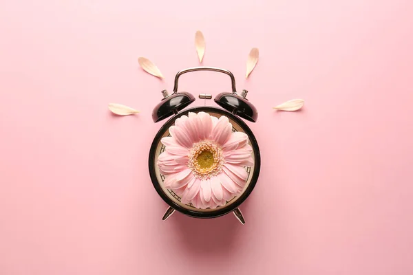 Alarm clock with flower on color background — Stock Photo, Image