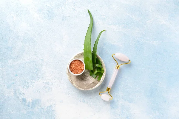 Plate with ingredients for facial mask and massage tool on color background — Stock Photo, Image