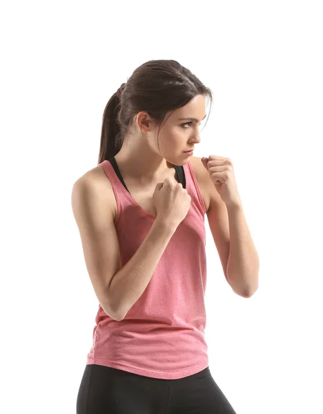 Sporty female boxer on white background — Stock Photo, Image