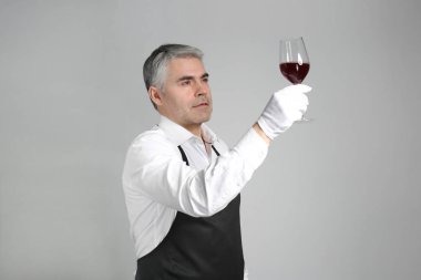 Olgun sommelier şarap gri arka plan üzerinde ile