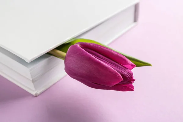 Libro con flor de tulipán sobre fondo de color, primer plano — Foto de Stock