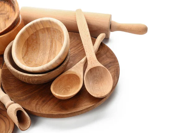 Set of wooden kitchen utensils on white background — Stock Photo, Image