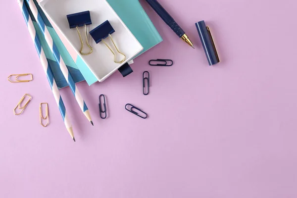 Stylish stationery on color background — Stock Photo, Image