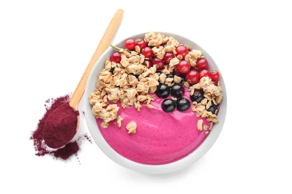 Bowl with tasty acai smoothie on white background — Stock Photo, Image