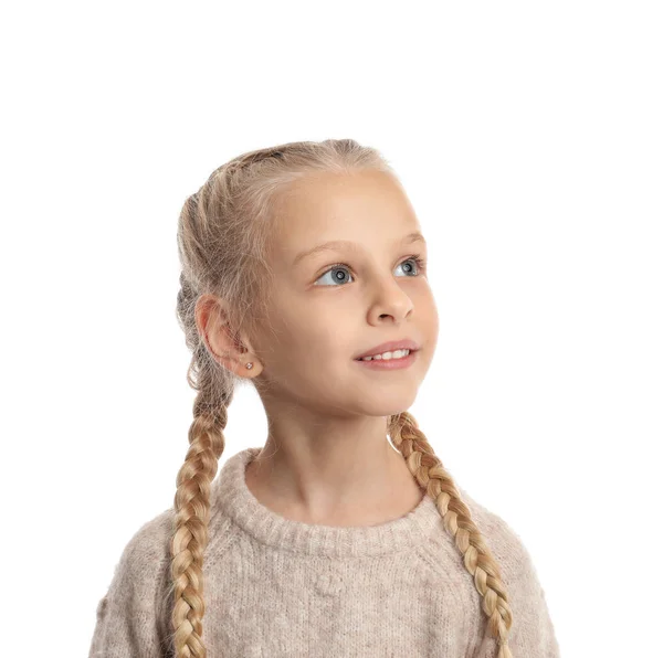 Beyaz arka plan üzerinde küçük kız. Konuşma terapisi kavramı — Stok fotoğraf