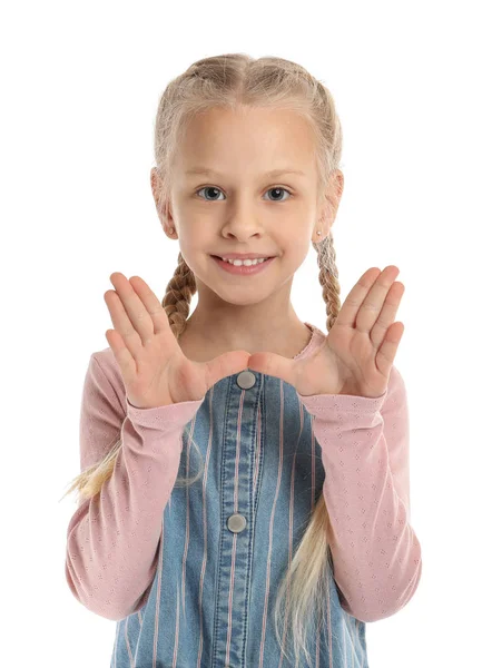 Μικρό κορίτσι σε λευκό φόντο. Έννοια της Λογοθεραπείας — Φωτογραφία Αρχείου