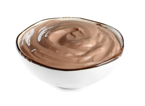 Bowl with chocolate yogurt on white background — Stock Photo, Image