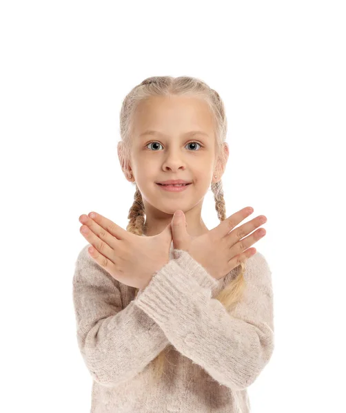 Dziewczynka na białym tle. Koncepcja terapii mowy — Zdjęcie stockowe