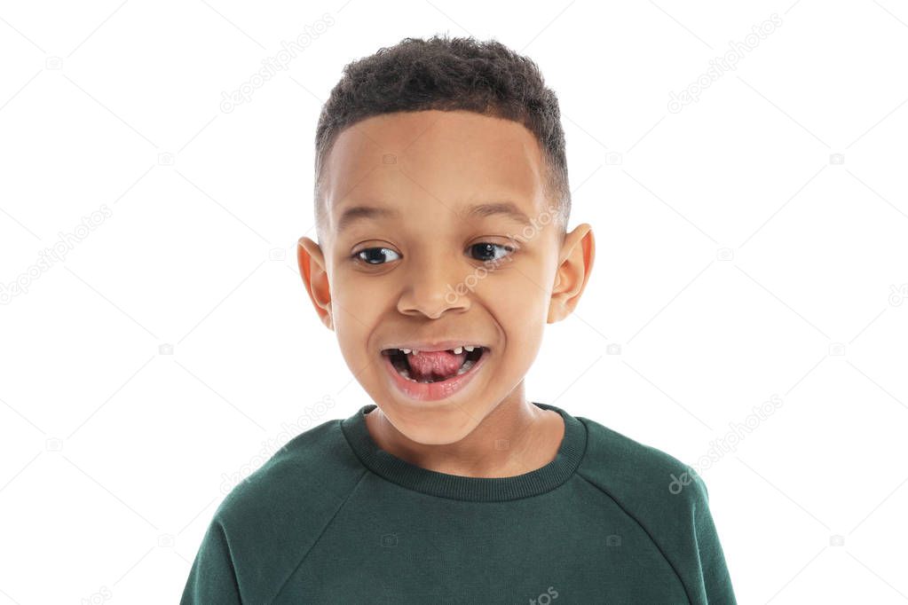 Little boy training pronounce letters on white background