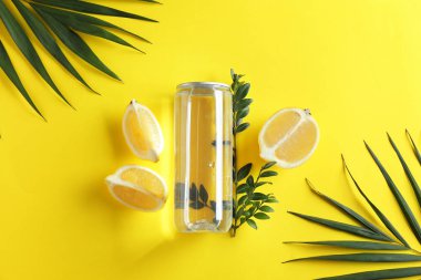 Şişe temiz su, limon ve tropikal yapraklar renk arka plan üzerinde