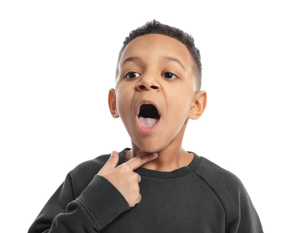 Little boy training pronounce letters on white background — Stock Photo, Image