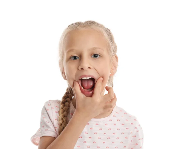 Little girl training pronounce letters on white background — Stock Photo, Image