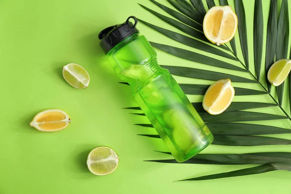 Bottle of infused water, citrus fruit and tropical leaf on color background — Stock Photo, Image