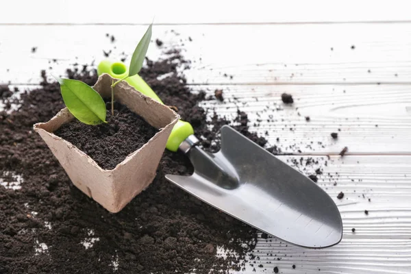 Planta en maceta, pala y tierra sobre fondo de madera blanca — Foto de Stock