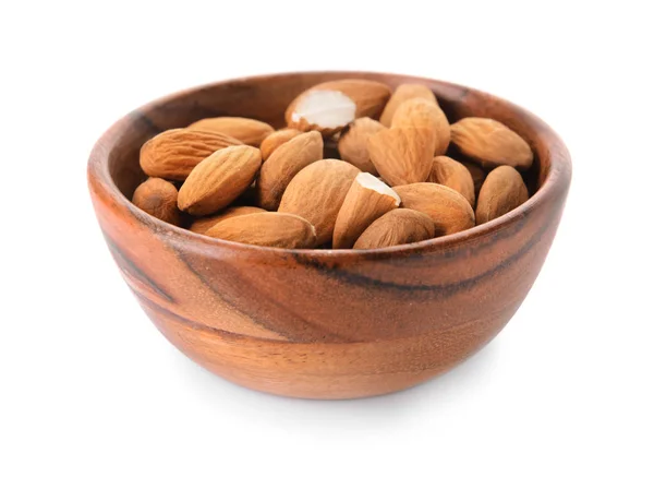 Bowl with tasty almonds on white background — Stock Photo, Image