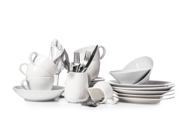 Set of clean dishes on white background clipart