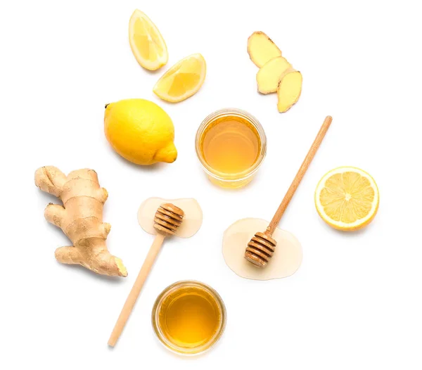 Healthy drink with lemon, ginger and honey on white background — Stock Photo, Image