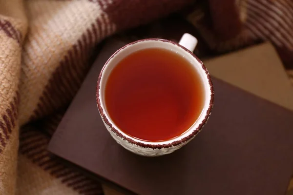Tasse de thé chaud et livres sur plaid chaud — Photo