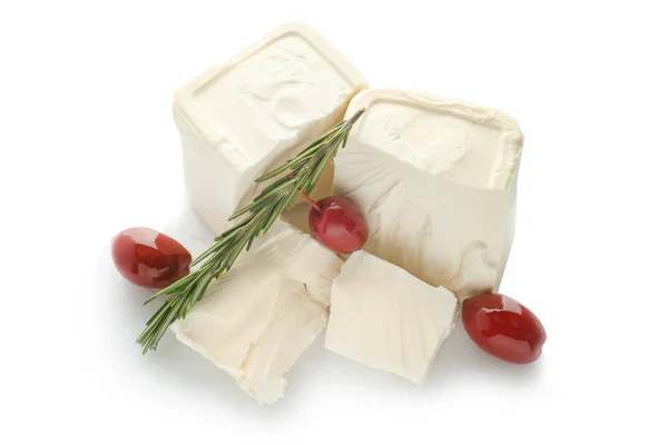 Tasty feta cheese with olives and rosemary on white background — Stock Photo, Image