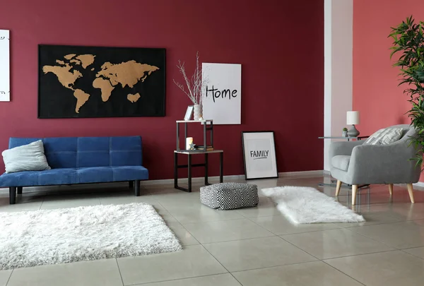 Interior of modern room with picture of world map on wall — Stock Photo, Image