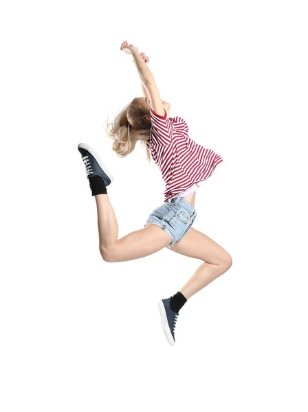 Jovem dançarina no fundo branco — Fotografia de Stock