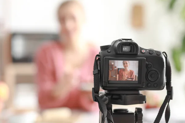 Female food blogger recording video indoors — Stock Photo, Image