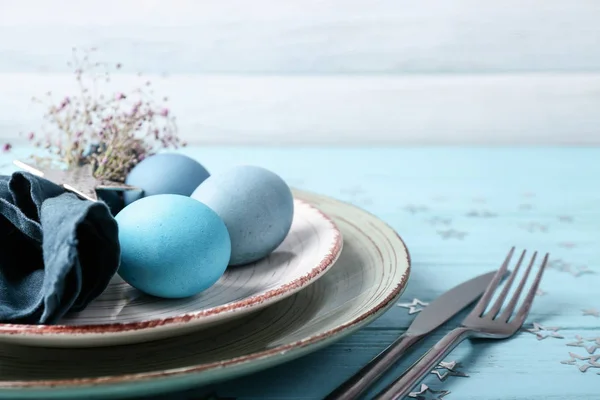 Beautiful Easter table setting on wooden background, closeup — Stock Photo, Image