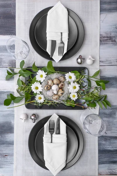 Beautiful Easter table setting on wooden background — Stock Photo, Image