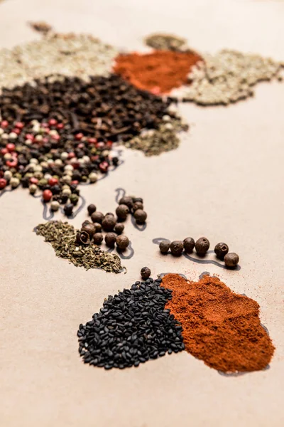 World map made of different spices, closeup — Stock Photo, Image