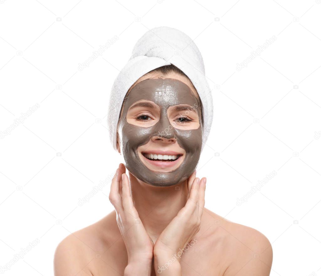 Woman with facial mask on white background