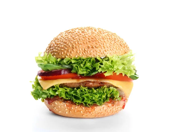 Hamburger savoureux sur fond blanc — Photo