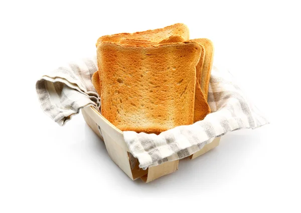 Box with slices of toasted bread on white background — Stock Photo, Image