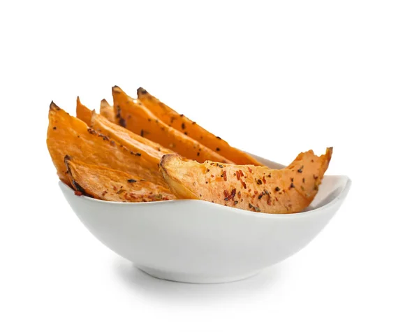 Bowl with tasty baked sweet potato on white background — Stock Photo, Image