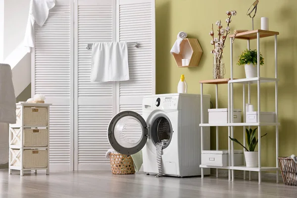 Interior of home laundry room with modern washing machine — Stock Photo, Image