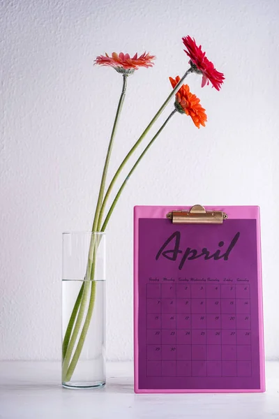 Kalender med vackra blommor i vas på vitt bord — Stockfoto