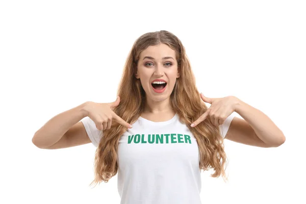 Young female volunteer on white background — Stock Photo, Image