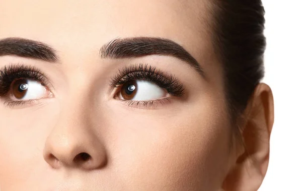 Young woman with beautiful eyebrows on white background, closeup — Stock Photo, Image