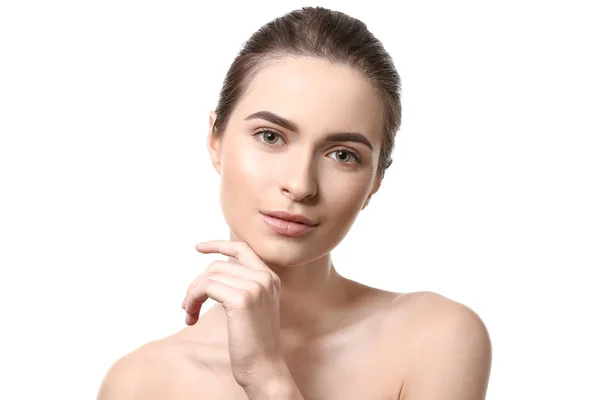 Young woman with beautiful eyebrows on white background — Stock Photo, Image