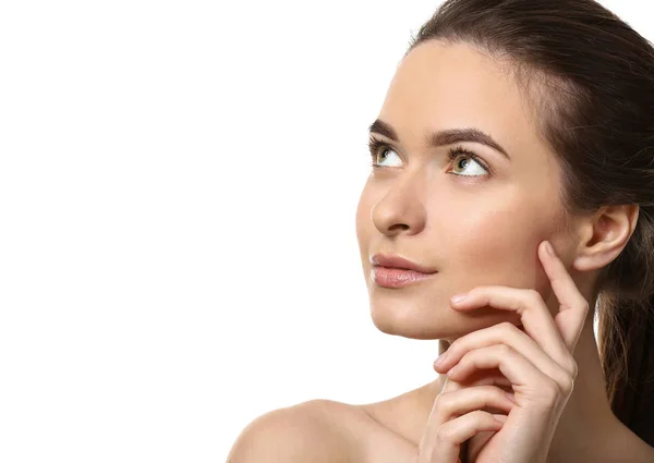 Young woman with beautiful eyebrows on white background — Stock Photo, Image