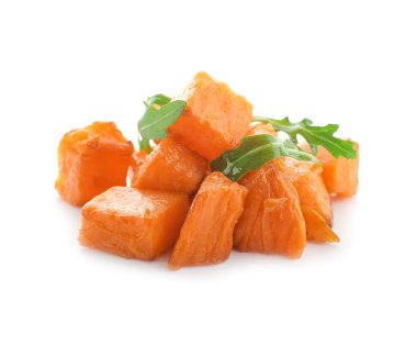 Pieces of tasty sweet potato with arugula on white background clipart
