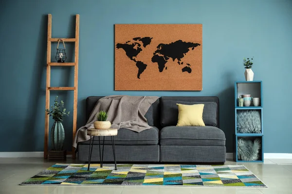 Interior of modern room with picture of world map on wall — Stock Photo, Image